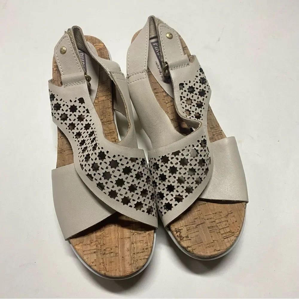Pikolinos Mykonos Criss Cross Calfskin Leather Sandal tan beige cork 38 US 7.5-8